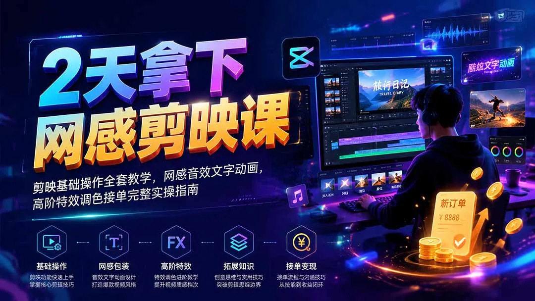 2天速成剪映剪辑技巧课：网感音效、文字动画+高阶特效调色，接单实操全攻略教程_趣客盟