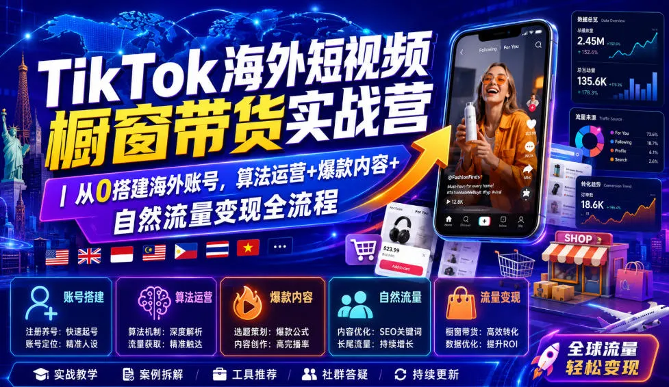 TikTok海外短视频带货实战指南：零基础搭建账号，全流程掌握算法运营、爆款内容与自然流量变现_趣客盟