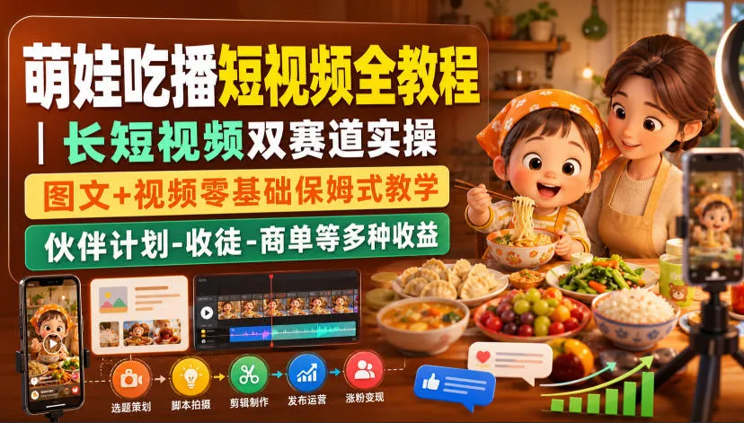 《萌娃吃播短视频全攻略:长短双版实操教程,图文视频零基础入门,多元化变现攻略(含伙伴计划、收徒、商单)》 - 趣客盟
