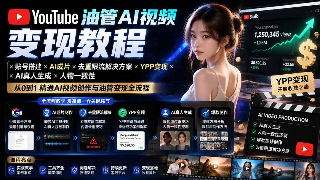 YouTube油管AI视频创作变现攻略:账号搭建+AI自动剪辑+去重限流技巧+YPP收益变现+AI真人模拟+人物形象统一 - 趣客盟