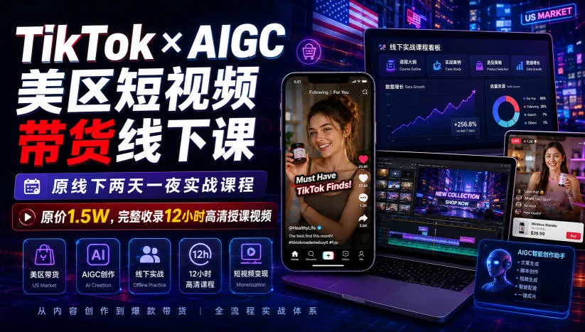 TikTok美区AIGC短视频带货实战攻略课，12小时高清视频完整收录，仅需1.5W，线下两天一夜课程精华版！ - 趣客盟