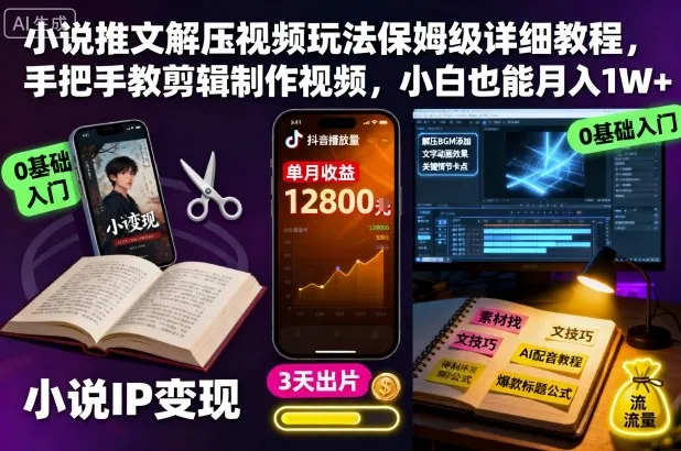 小说推文解压视频玩法保姆级详细教程，手把手教剪辑制作视频，小白也能月入1W+-趣酷猫资源网