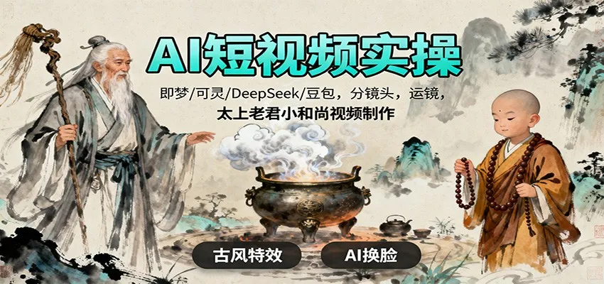 AI短视频实操，即梦/可灵/DeepSeek/豆包，分镜头，运镜，太上老君小和尚视频制作-趣酷猫资源网