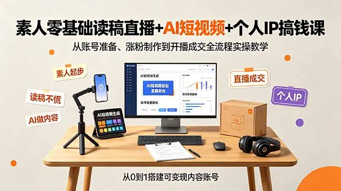 【零基础读稿直播+AI短视频制作】个人IP打造与变现课程：从账号搭建、涨粉到开播成交全流程实操教程_趣客盟
